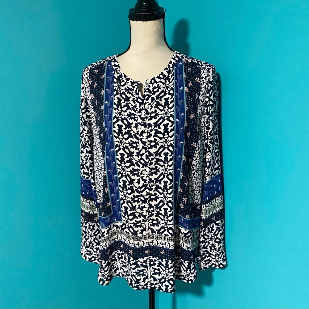 LOFT M Blue White Print Popover Semi Sheer Long Sleeve Blouse Top